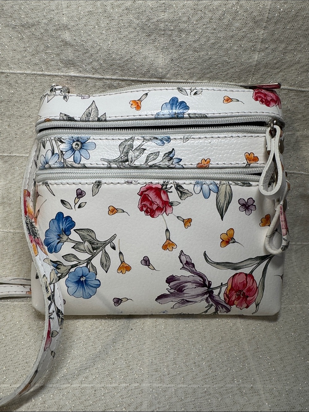 Genuine Made in Italy Floral Leather Crossbody Bag – White Multi | 7”